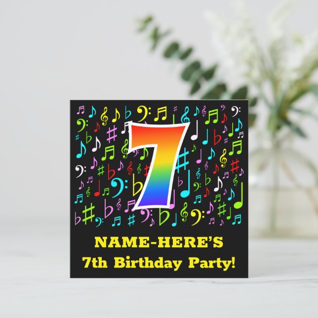 7th Birthday Party: Fun Music Symbols, Rainbow Invitation Zazzle