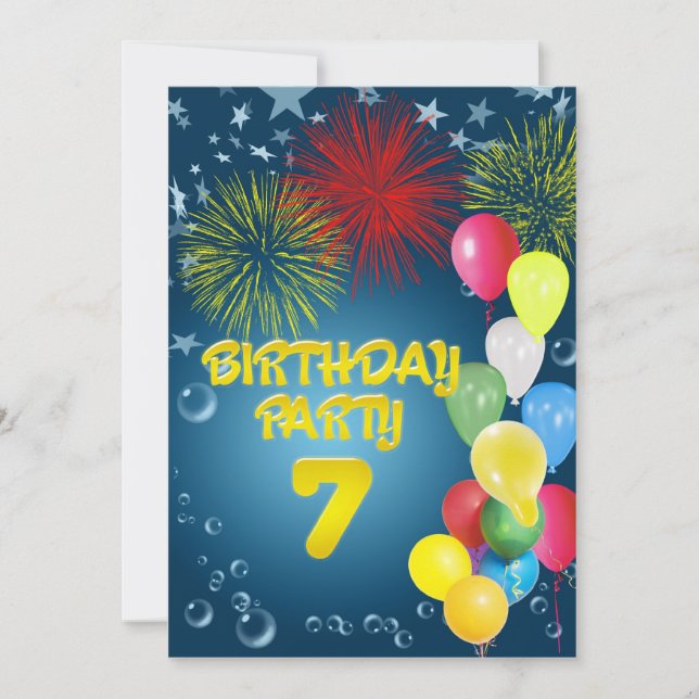7th Birthday party Invitation with balloons (Front)