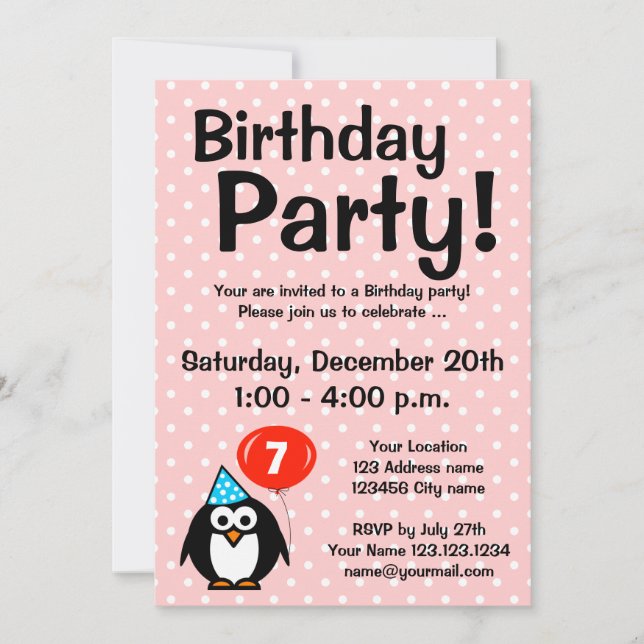 7th Birthday party invitations with cute penguin (Front)