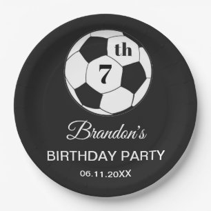 7th Birthday Party Soccer Black Boys Sports Paper Plate
