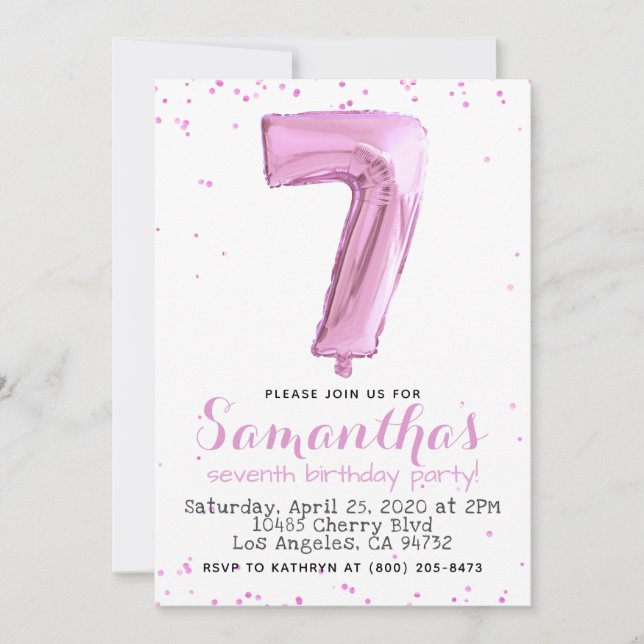 7th Birthday Pastel Pink Balloon Invitation (Front)