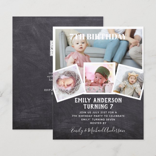 7TH Birthday Photo Collage Invite Boy Girl Mixed (Front/Back)