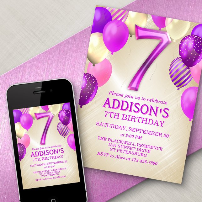 7th Birthday Pink Balloons Invitation (Creator Uploaded)