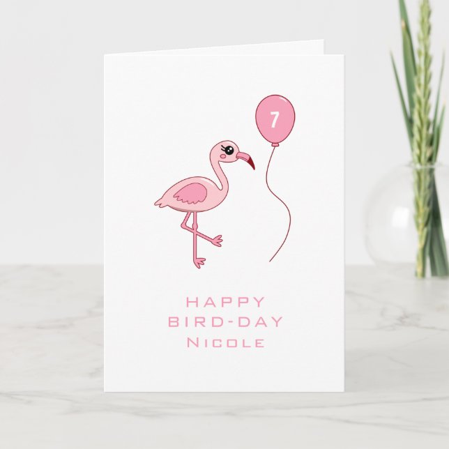 7th Birthday Pink Flamingo Happy Bird-day Card (Front)