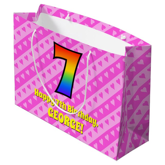 7th Birthday: Pink Stripes & Hearts, Rainbow # 7 Large Gift Bag (Back Angled)