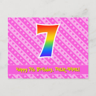 7th Birthday: Pink Stripes & Hearts, Rainbow 7 Postcard
