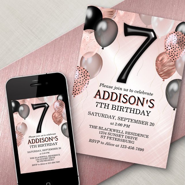 7th Birthday Rose Gold Balloons Invitation (Creator Uploaded)
