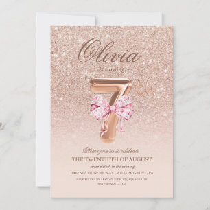 7th Birthday Rose Pink Gold  Bow Birthday Party  Invitation