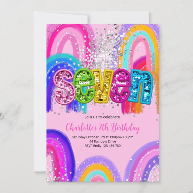7th Birthday Sequin Rainbow Party Invitation (Devant)