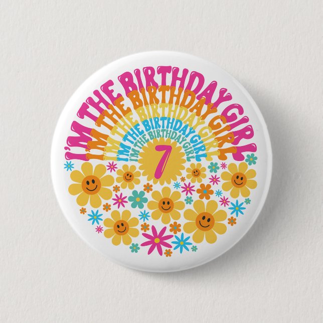 7th Birthday Shirt Cute Flower Seventh Pink 2 Inch Round Button (Front)