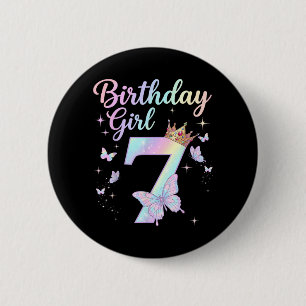 7th Birthday Shirt Girl Seven 7 Year Old Butterfly 2 Inch Round Button