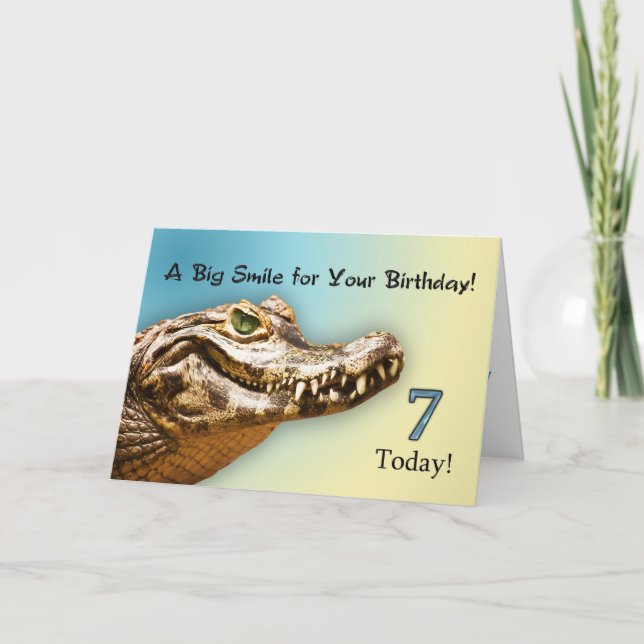 7th Birthday smiling alligator card (Front)