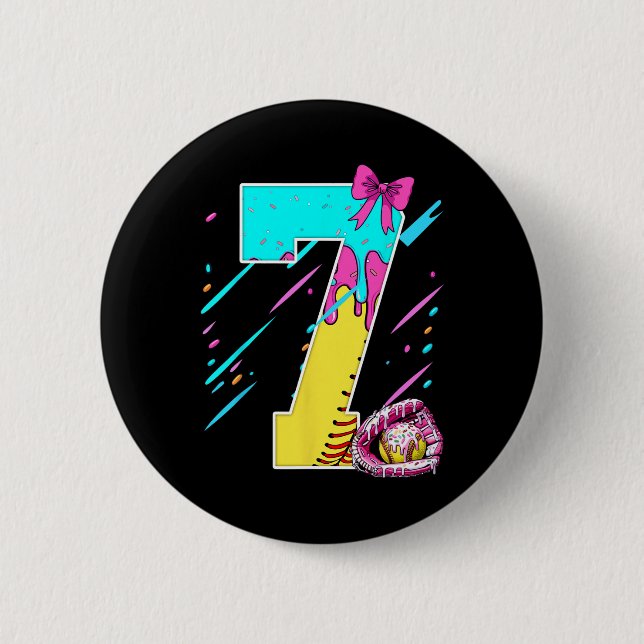 7th Birthday Softll Ice Cream Drip Bow 7 Years Kid 2 Inch Round Button (Front)