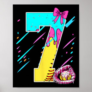 7th Birthday Softll Ice Cream Drip Bow 7 Years Kid Poster