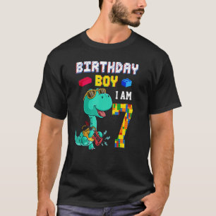 7th Birthday T Rex 7 Years Old Block Building Dino T-Shirt