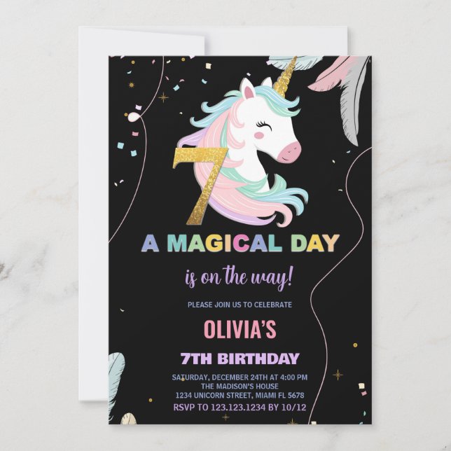 7th Birthday Unicorn Birthday Invitations (Front)