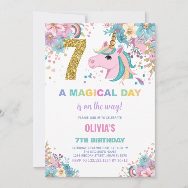 7th Birthday Unicorn Birthday Invitations (Front)