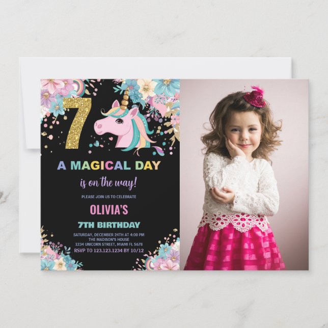 7th Birthday Unicorn Birthday Invitations photo (Front)