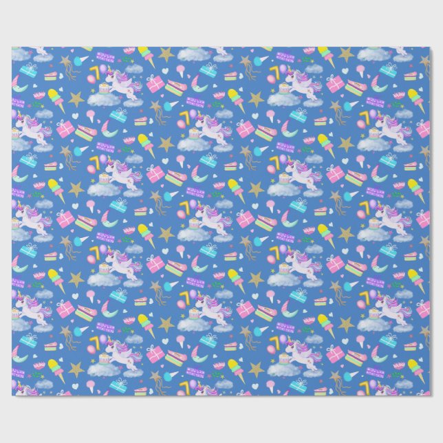 7th Birthday Unicorn Pattern Blue Wrapping Paper (Flat)