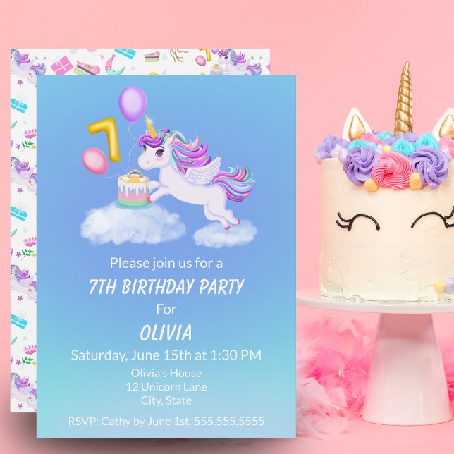 7th Birthday Unicorn With Cake Invitation (Creator Uploaded)