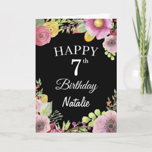 7th Birthday Watercolor Floral Flowers Black Card