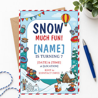 7th Birthday Winter Sledding Party Cute Woodland Invitation