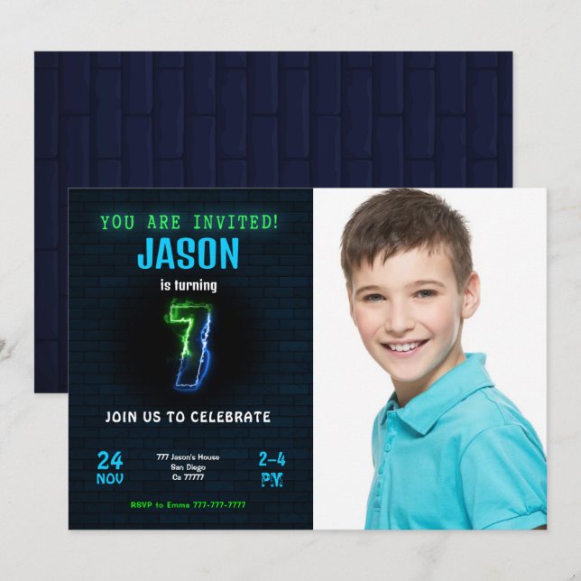 7th Boy Birthday Photo Invitation (Front/Back)