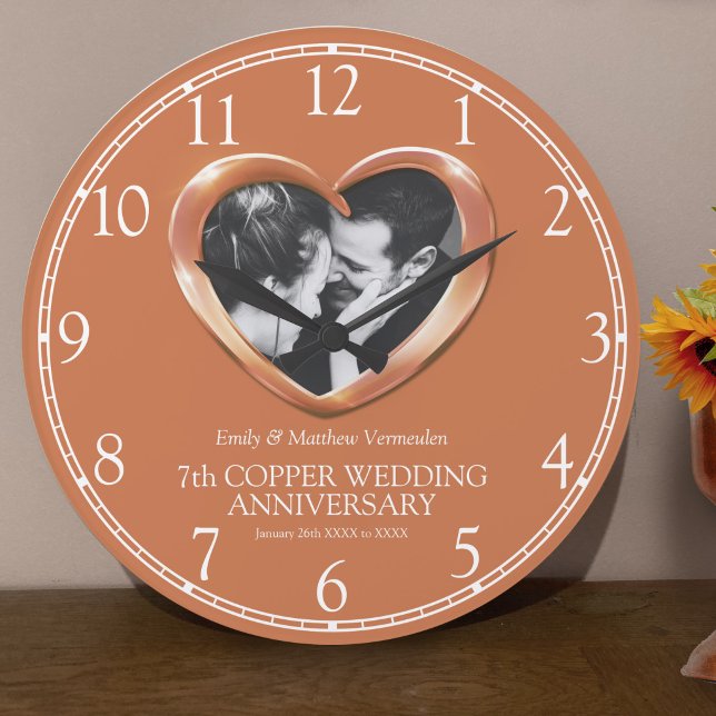 7th Copper wedding anniversary custom photo heart Large Clock (Creator Uploaded)