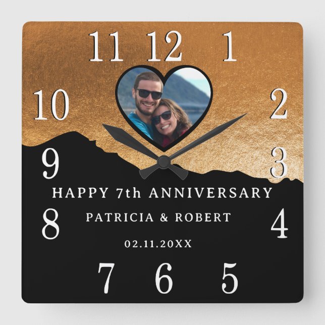 7th Copper Wedding Anniversary Photo Black Square Wall Clock (Front)