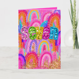 7th Cute Hot Pink Birthday Rainbow Sequin Thank You Card