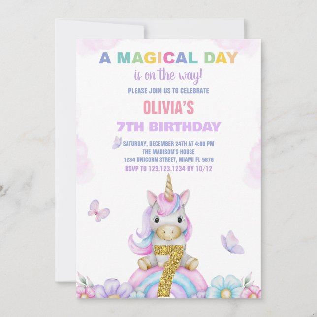 7th Floral Unicorn Birthday Invitations (Front)