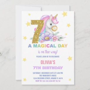 7th Floral Unicorn Birthday Invitations
