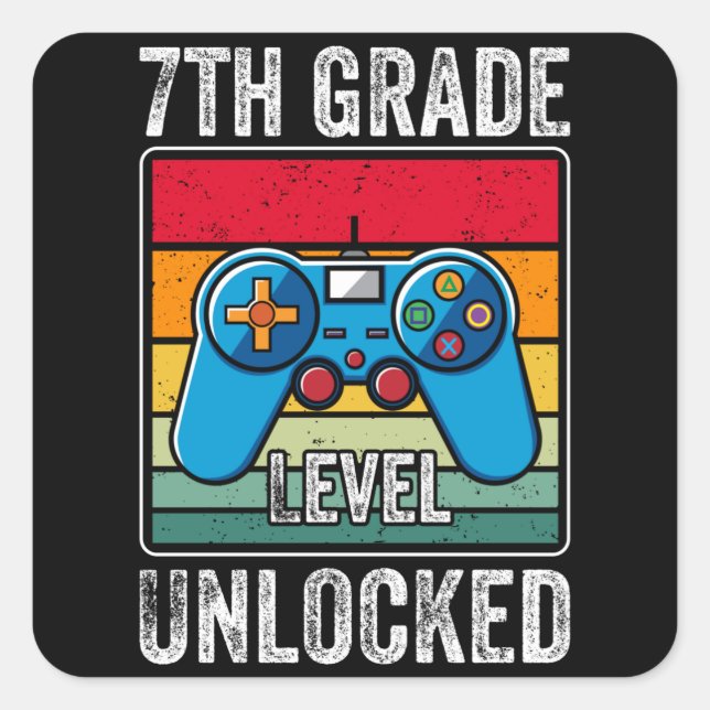7th Grade Level Unlocked Kids Back to School Gamer Square Sticker (Front)