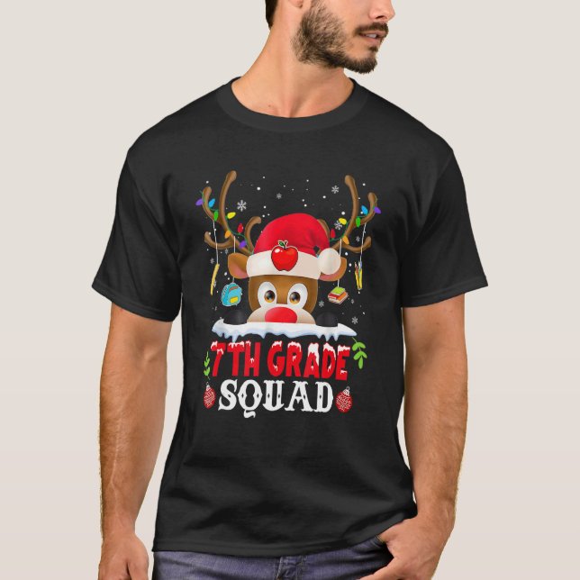 7th Grade Squad Plaid Reindeer Santa Hat Teacher C T-Shirt (Front)