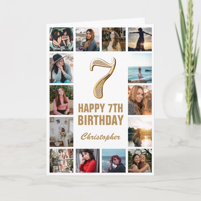 7th Happy Birthday Gold and White Photo Collage Card (Front)