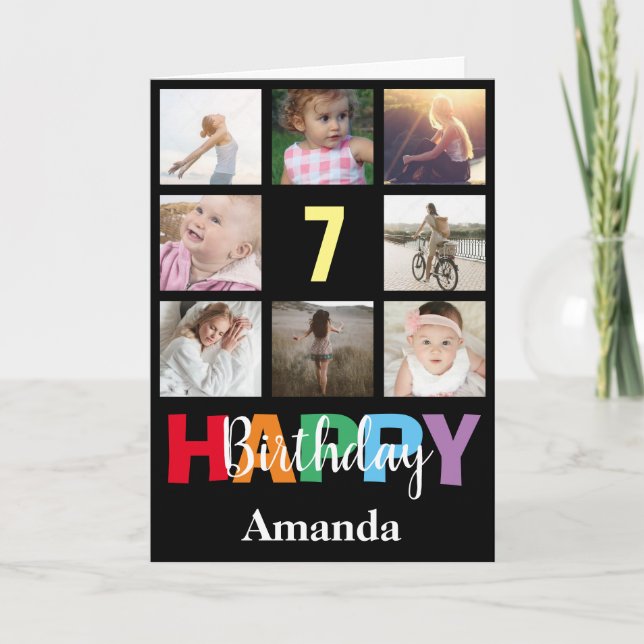 7th Happy Birthday Photo Collage Modern Black Card (Front)