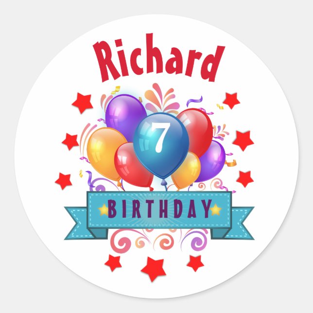 7th KIDS Birthday Festive Colourful Balloons B10DZ Classic Round Sticker (Front)