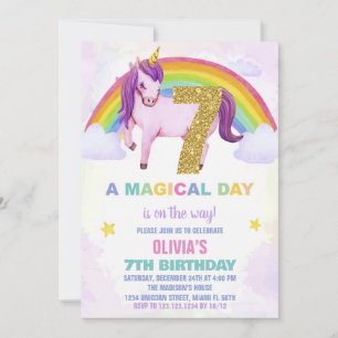 7th Rainbow Unicorn Birthday Invitations Cloud