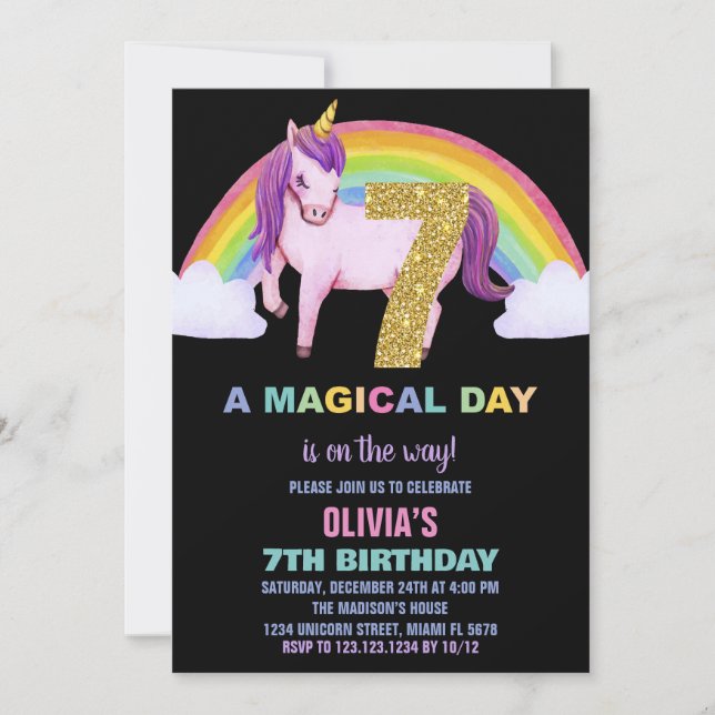 7th Rainbow Unicorn Birthday Invitations Glitter (Front)