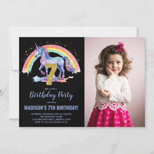 7th Rainbow Unicorn Birthday Invitations photo (Front)