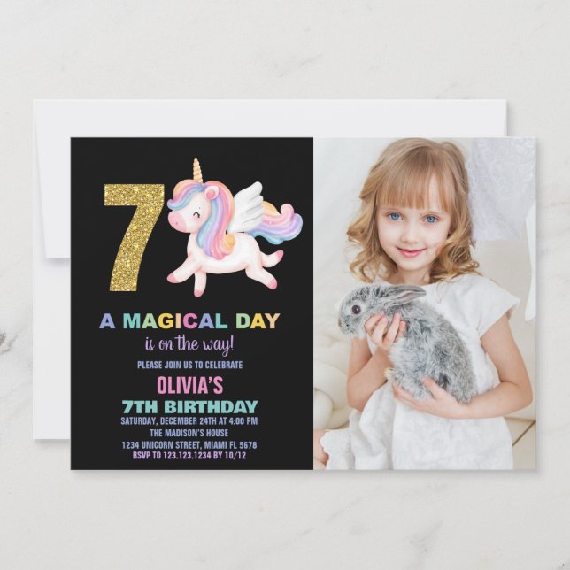 7th Rainbow Unicorn Birthday Invitations photo (Front)