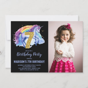 7th Rainbow Unicorn Birthday Invitations photo