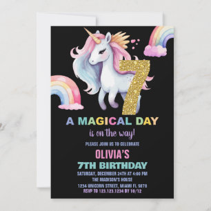 7th Rainbow Unicorn Birthday Invitations watercolo