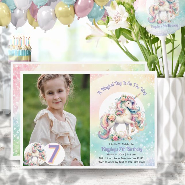 7th Seventh Unicorn Pastel Rainbow Birthday Invitation (7th Seventh Unicorn Pastel Rainbow Birthday Invitation)