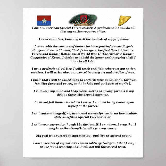 7th special forces green beret vietnam flash creed poster (Front)