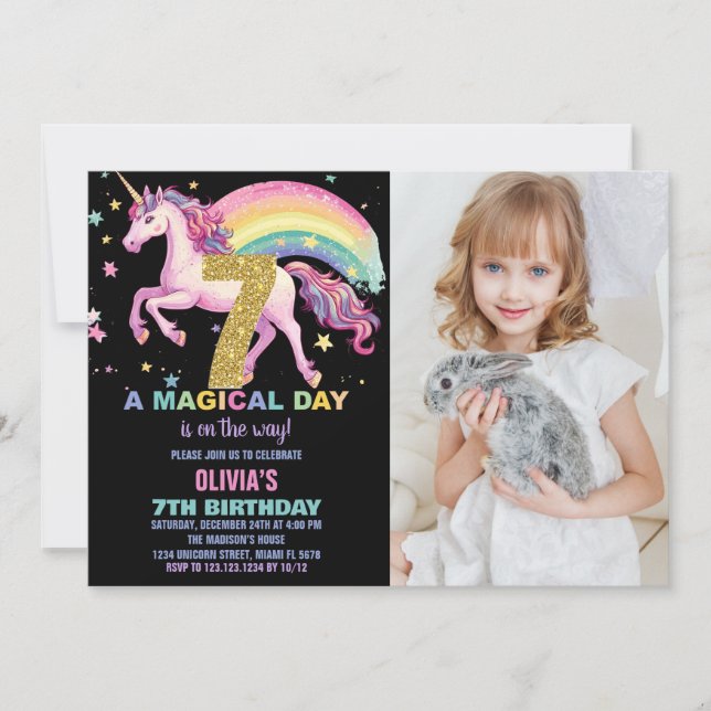 7th Unicorn Birthday Invitations Black with photo (Front)