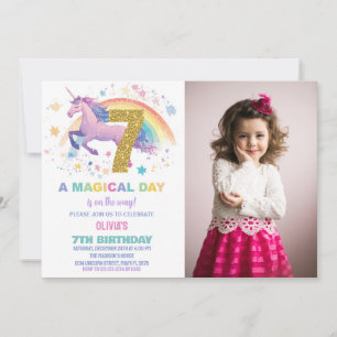 7th Unicorn Birthday Invitations with photo