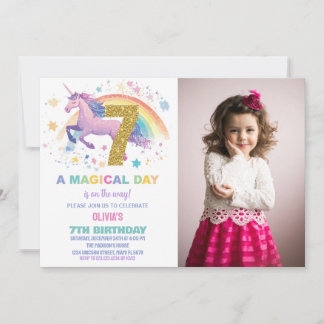 7th Unicorn Birthday Invitations with photo