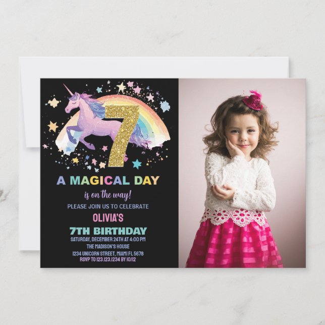 7th Unicorn Birthday Invitations with photo (Front)