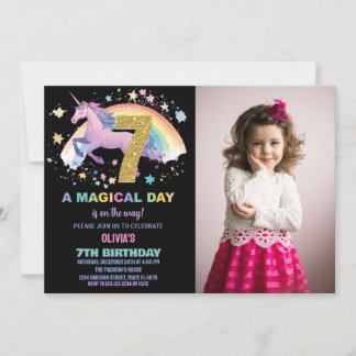 7th Unicorn Birthday Invitations with photo